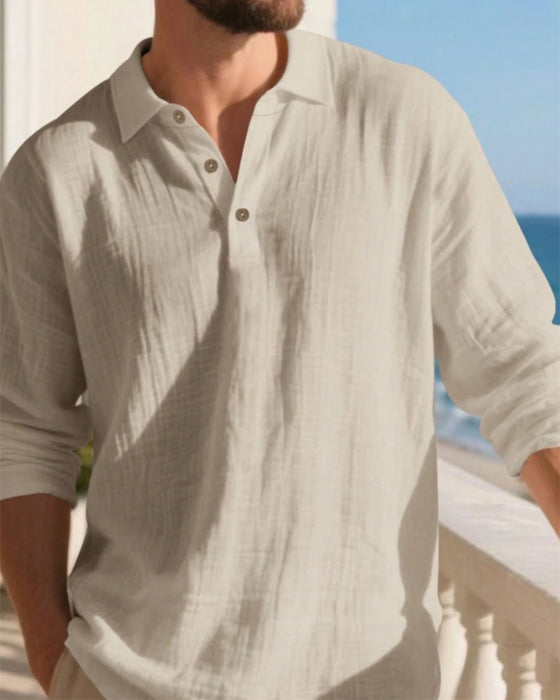 Men's Lightweight Loose Linen Long Sleeve Polo Shirt
