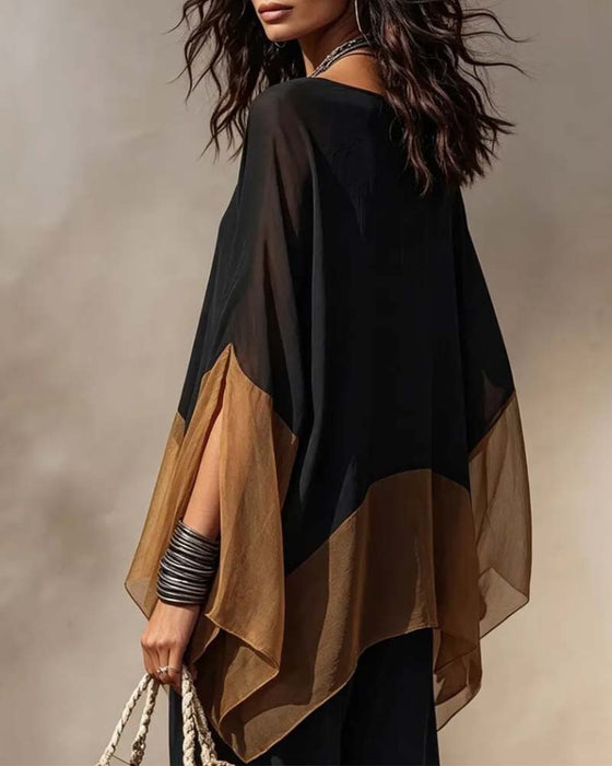 Contrast Panel Draped V-Neck Blouse