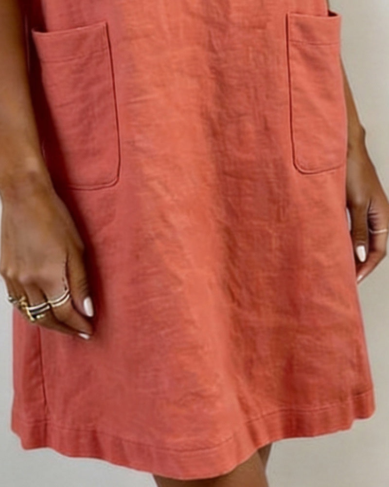 Hooded Linen-Blend Short Sleeve Pocket Dress