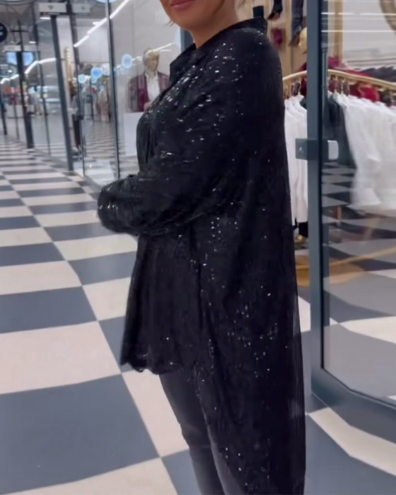 Sequined lapel slit casual shirt