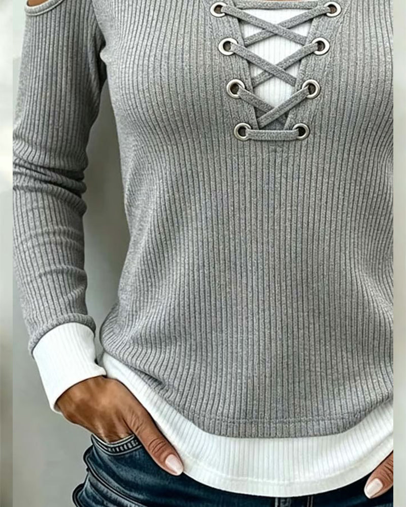 Ribbed Off-Shoulder Tie Mock Two-Piece Long Sleeve Top