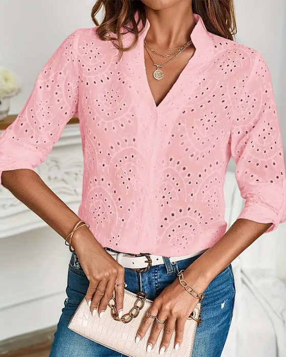 V-neck hollow solid color elegant top