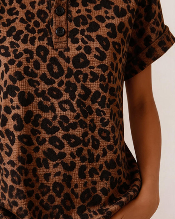Henley Neck Leopard Print Waffle Top