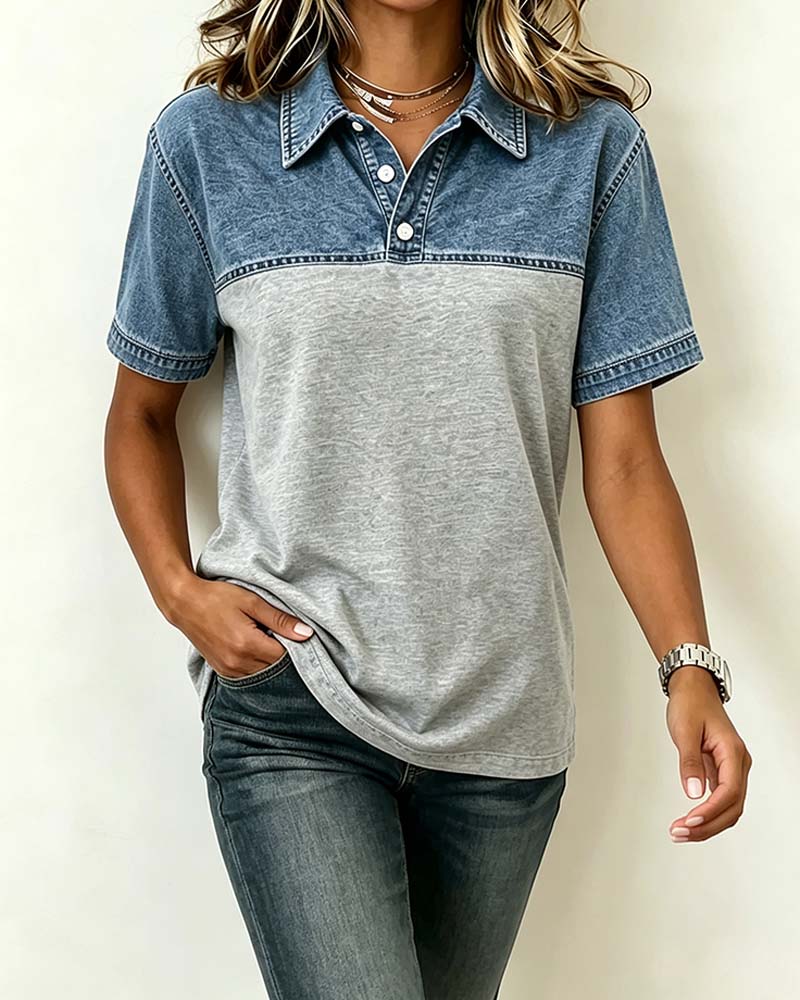 Short Sleeve Shirt Collar Denim Patchwork Blouse