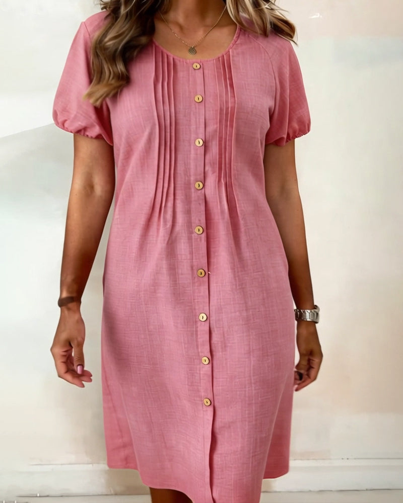 Buttoned Pleated Puff Sleeve Dress