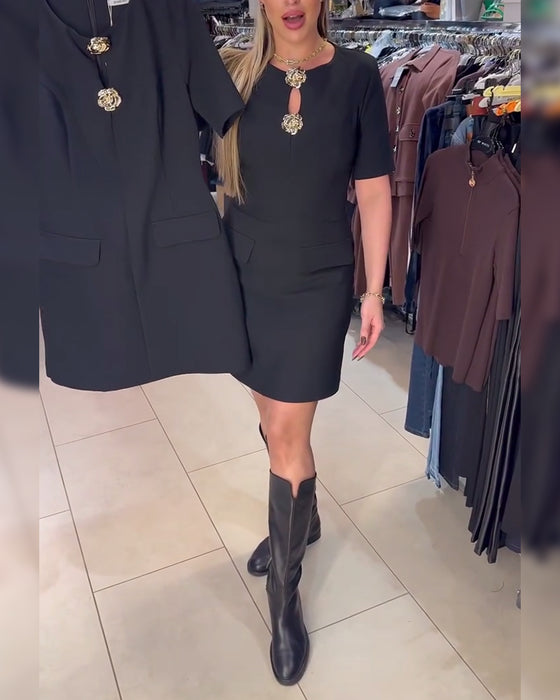 Metal Buckle Fitted Short-Sleeved Dress