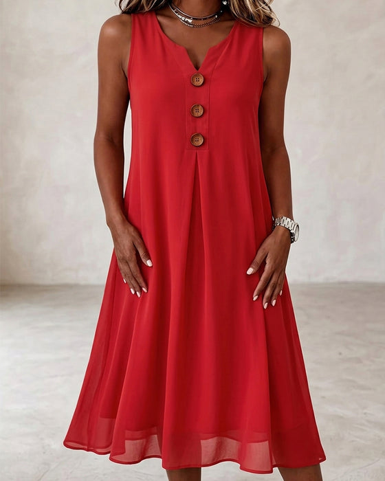 Button Shirred Sleeveless Dress