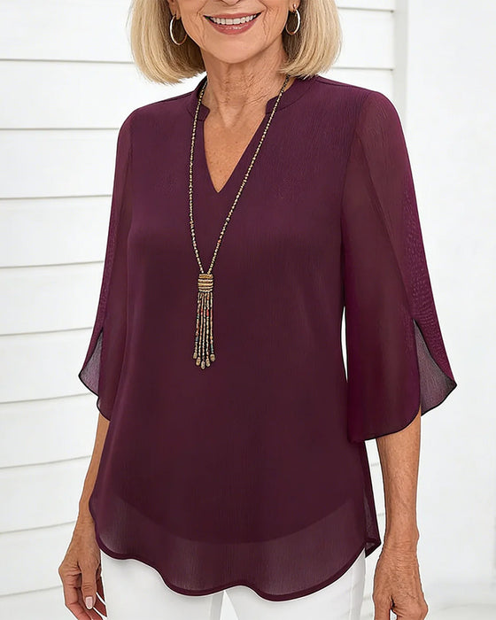 V-Neck Mandarin Collar Small Slit Half Sleeve Blouse