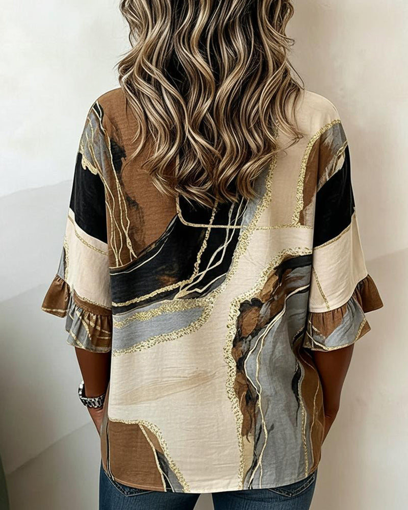 V-Neck Button Flare Sleeve Blouse