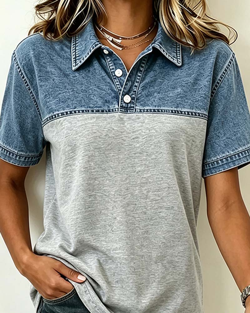 Short Sleeve Shirt Collar Denim Patchwork Blouse
