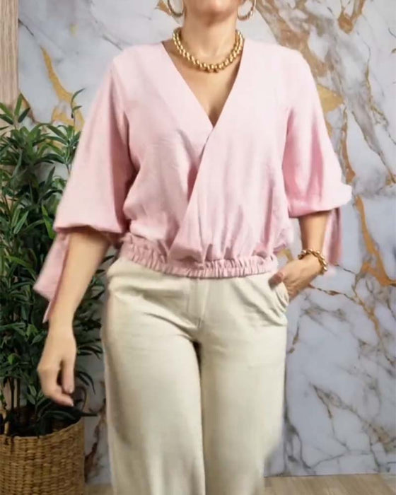 V-Neck Elastic Waist Blouse