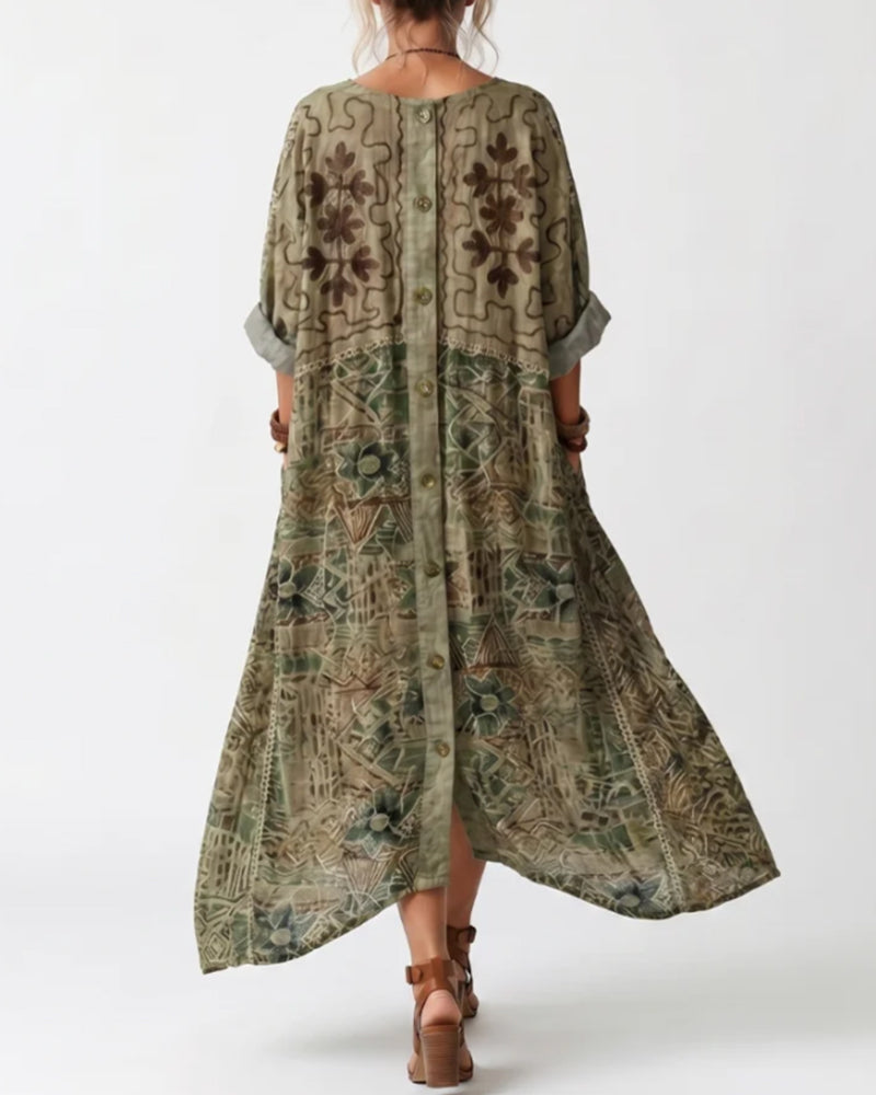 V-Neck Button Pocket Long Sleeve Dress