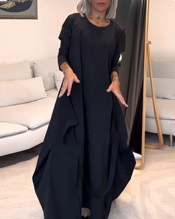 Fashion solid color pleated lace-up round neck dress