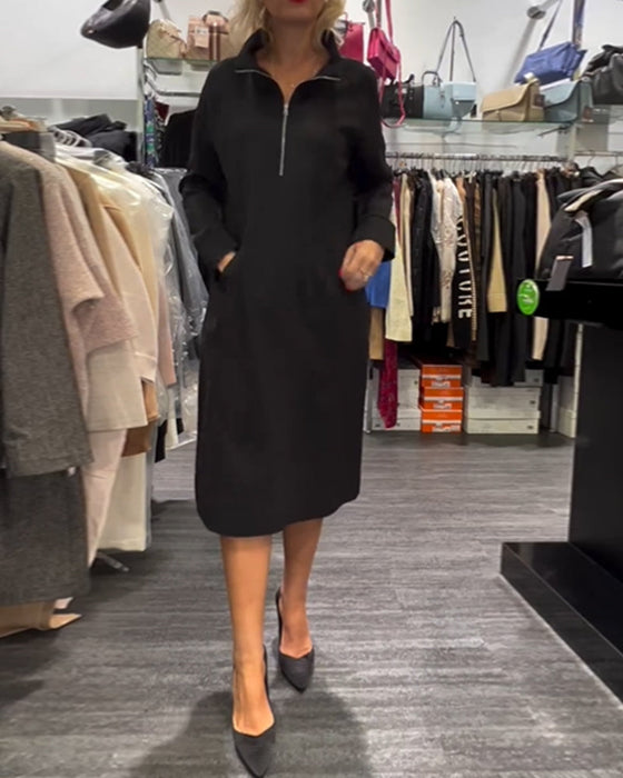 Solid color stand collar zipper dress