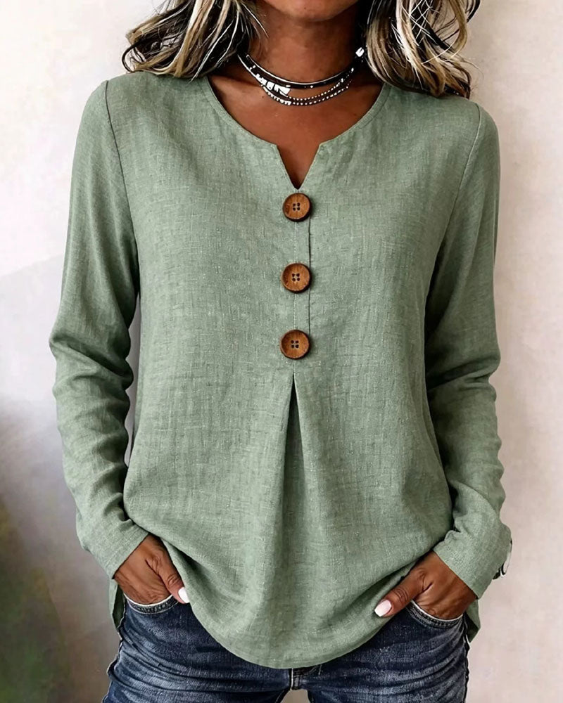 Solid Color V-Neck Buttoned Smocked Top
