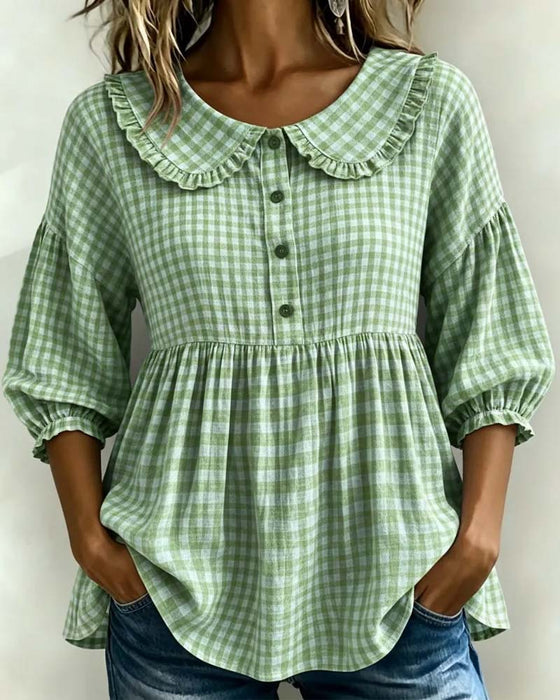 Peter Pan Collar Plaid Waist-Cinching Blouse