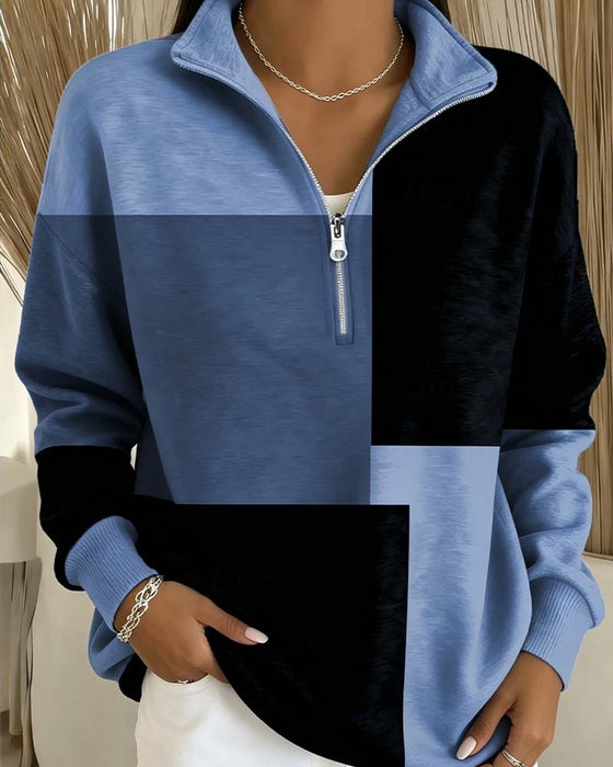 Checkered Colorblock Zip Stand-Collar Sweatshirt