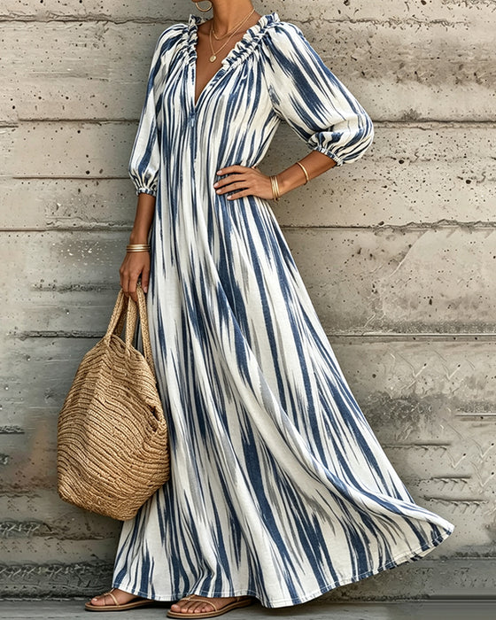 Tie-Dye V-Neck Puff Sleeve Long Resort Dress