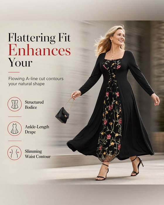 Square Neck Rose Spliced Maxi Dress