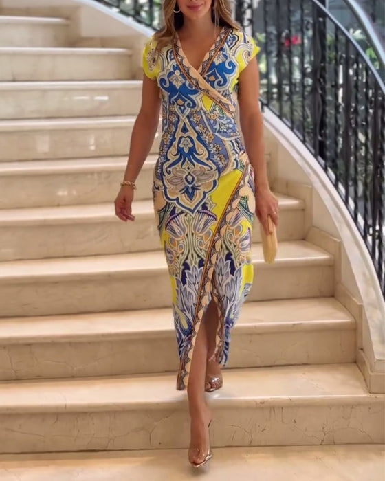 Vintage print v-neck elegant dress
