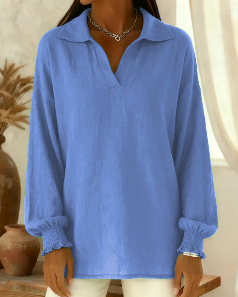 Cotton And Linen Lantern Sleeve Collared Solid Color Blouse
