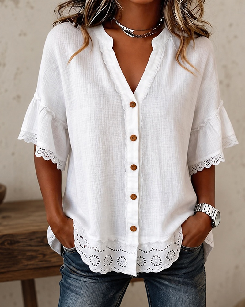 V-Neck Lace Patchwork Button Blouse