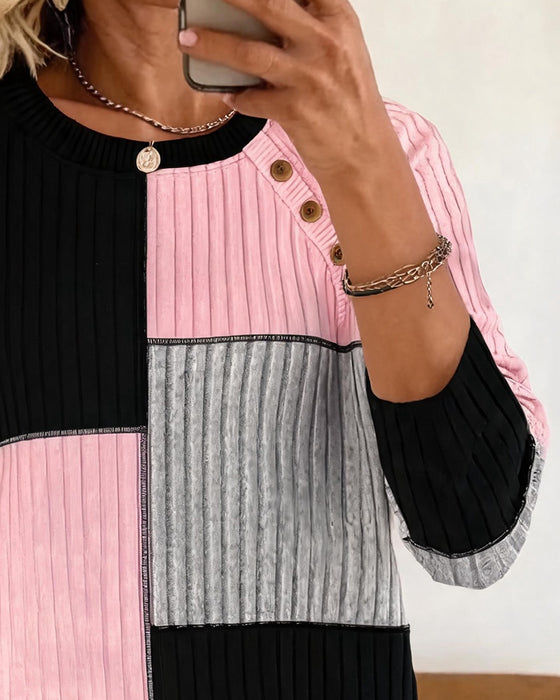 Crew Neck Color-Block Checkered Top