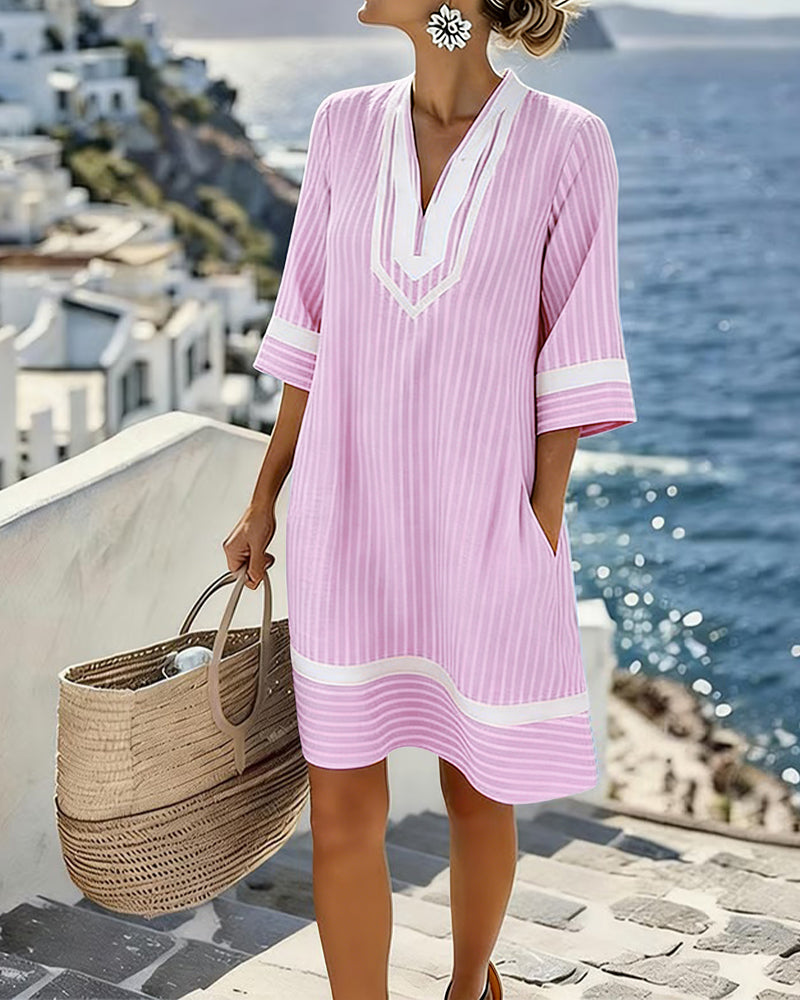 V-Neck Short Sleeve Striped Dress