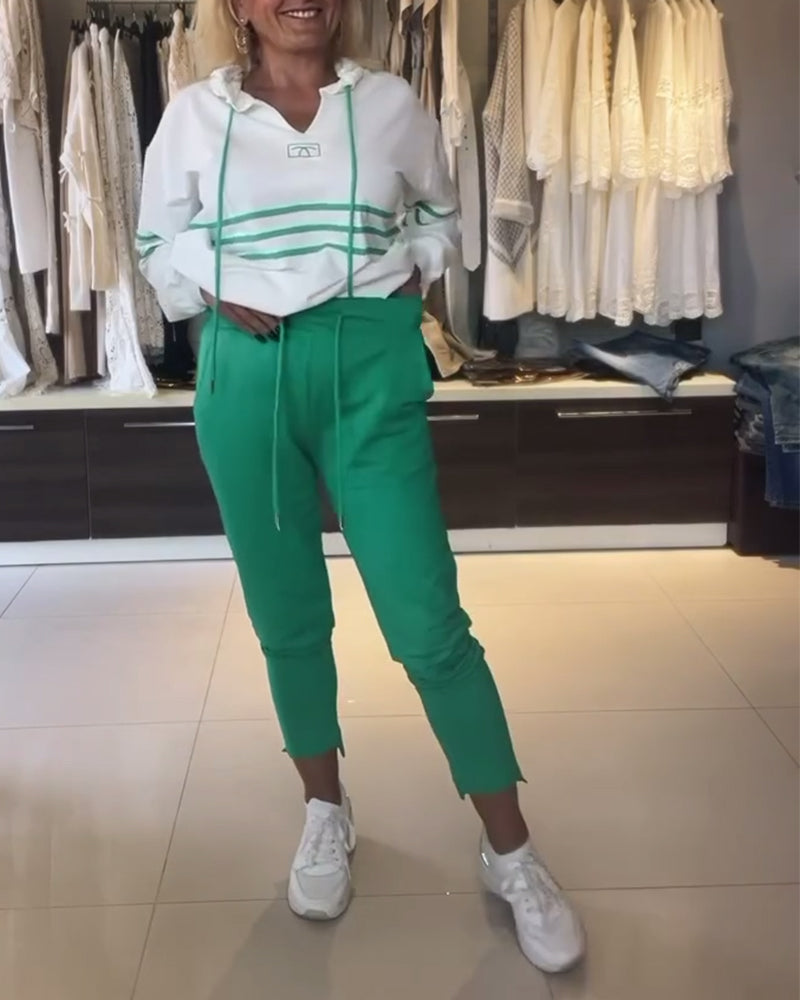 Casual striped print hooded sweatshirt set