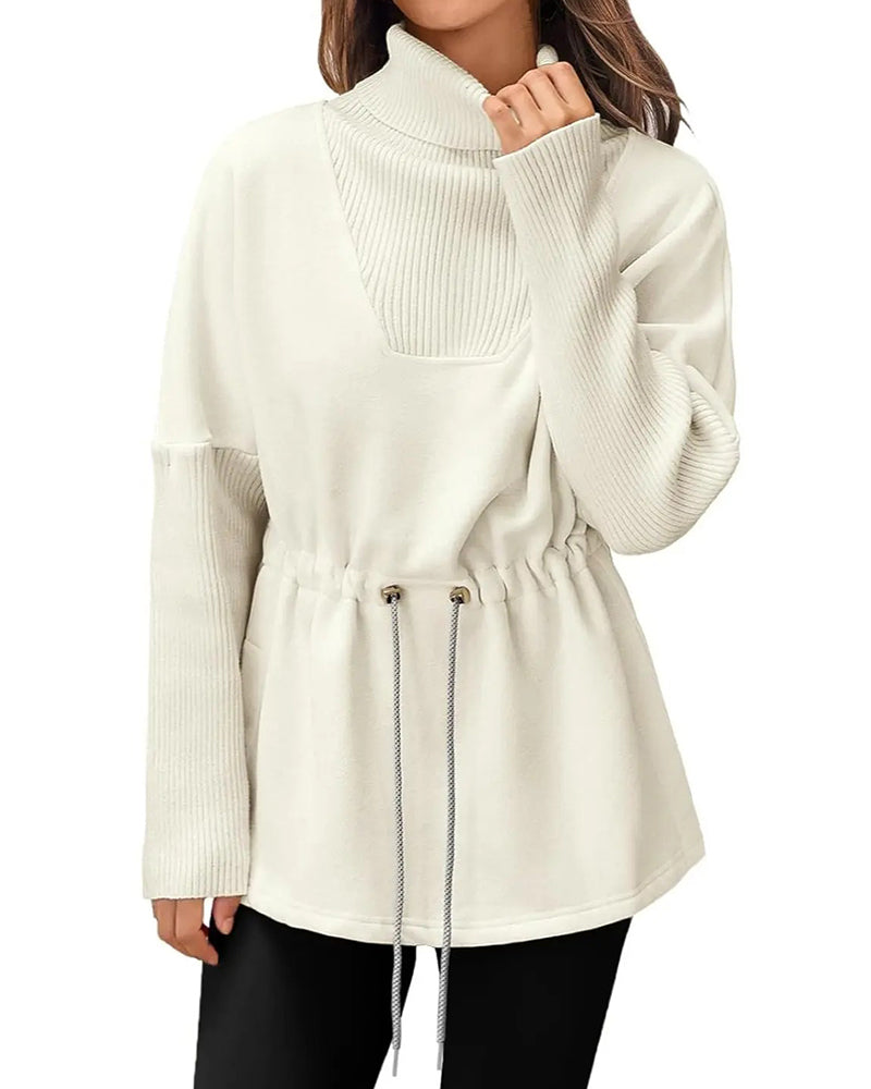 High Collar Long Sleeve Waist Drawstring Sweatshirt
