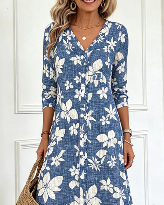 V-Neck Floral Shirt Dress