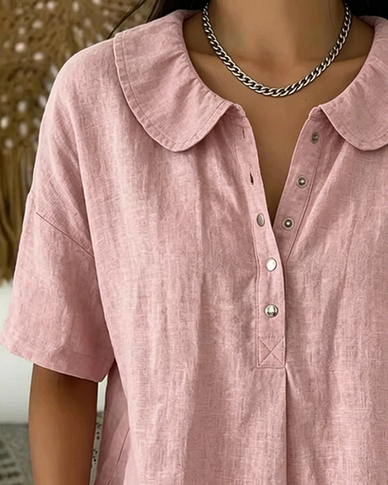 Peter Pan Collar Short-Sleeve Button-Up Blouse