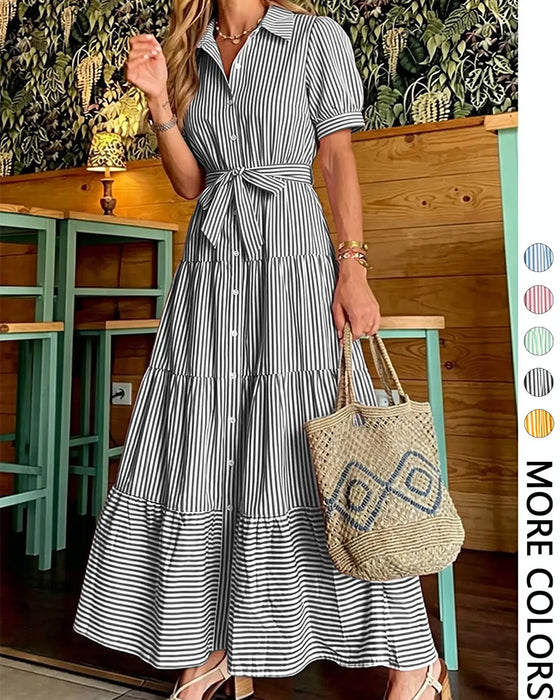 Striped Waist-Cinching Tiered Shirt Maxi Dress