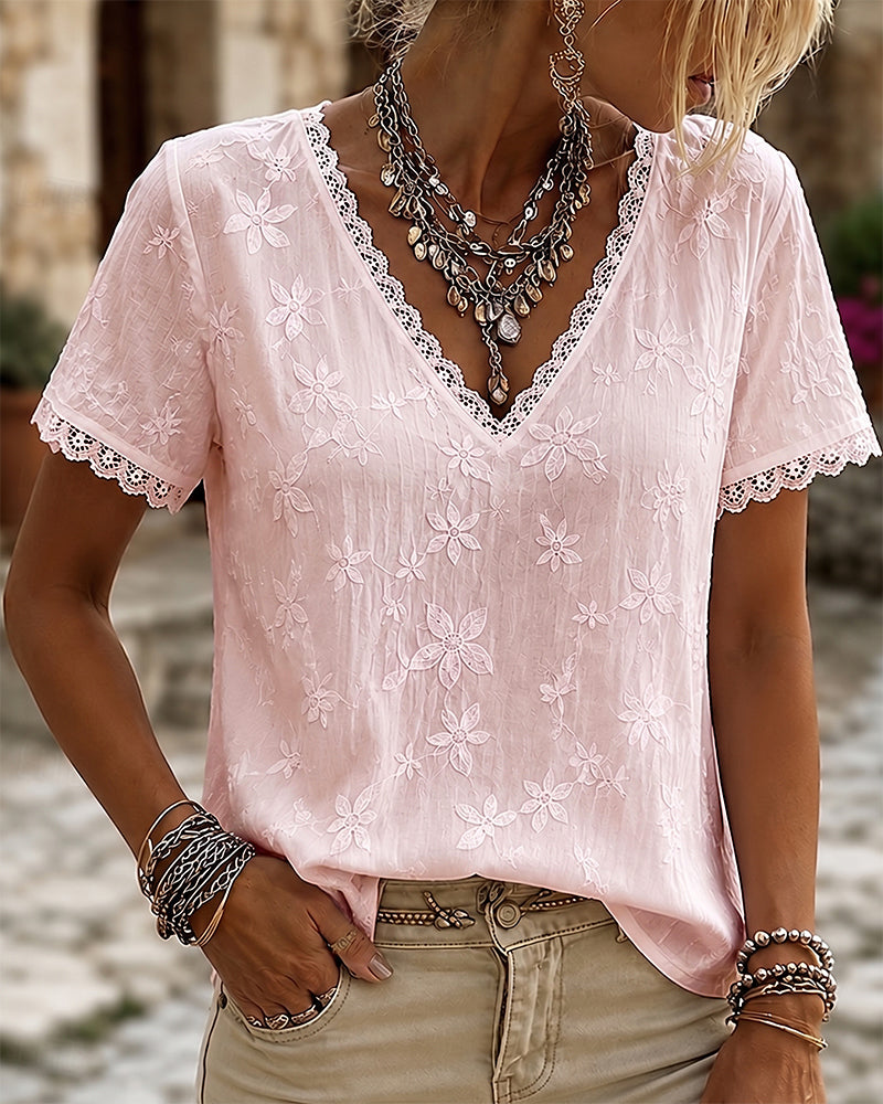 V-Neck Lace Short Sleeve Blouse