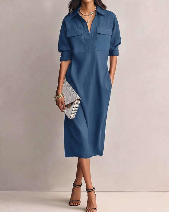 Solid Color Lapel Collar Casual Dress