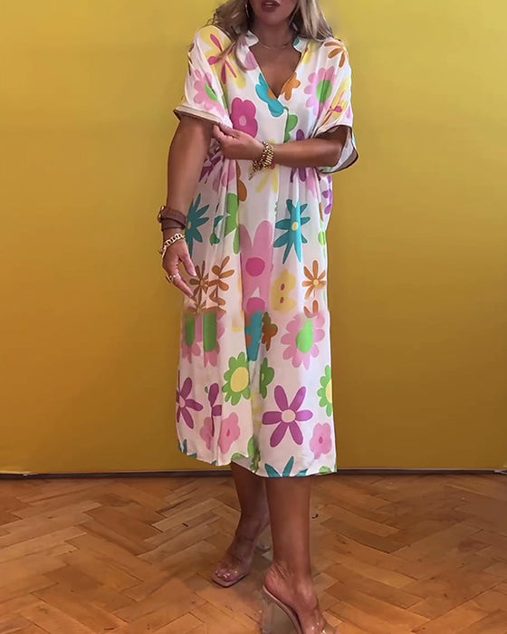 Loose V-neck floral print dress