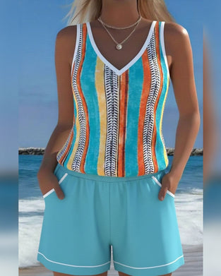 V-Neck Printed Tankini Swimsuit