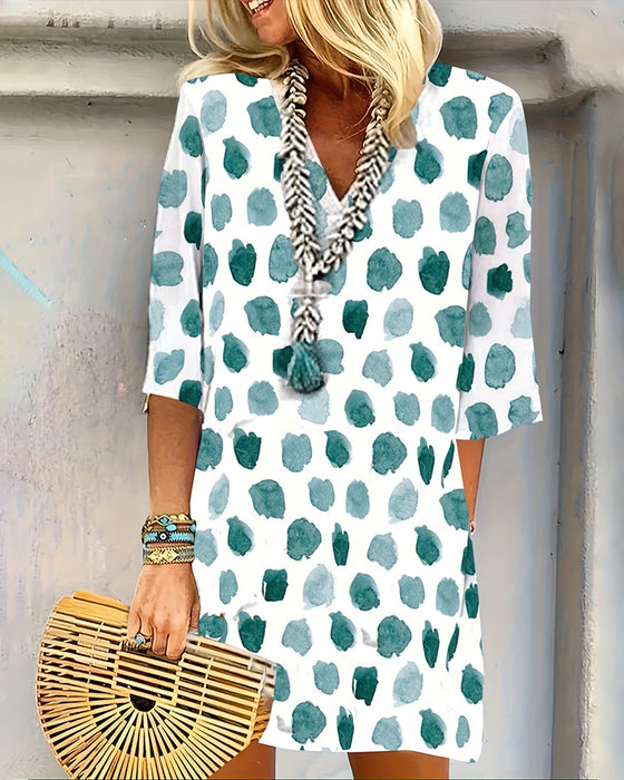 V-Neck Polka Dot Short Sleeve Dress