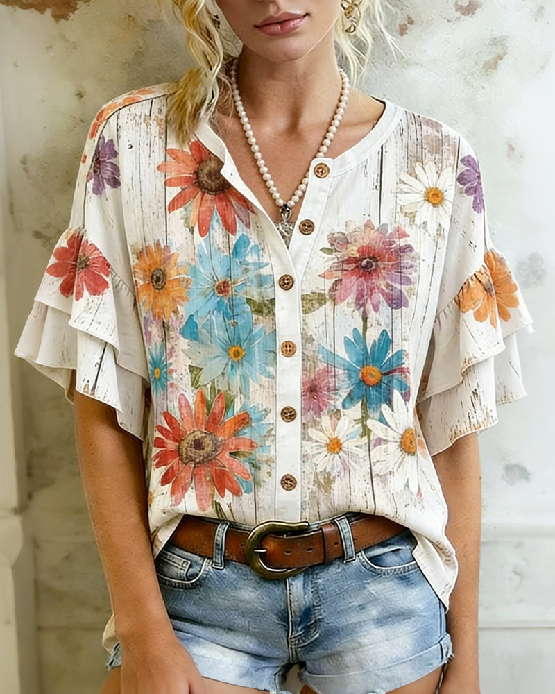 Daisy Print Short-Sleeve Blouse