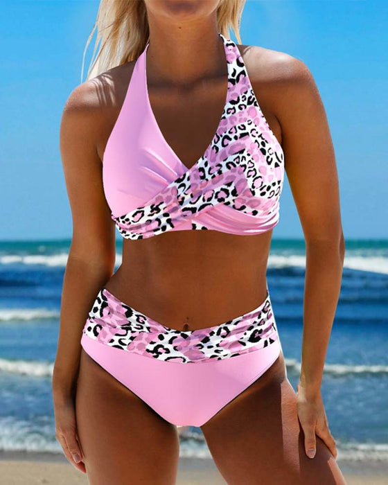 Halterneck leopard patchwork print bikini