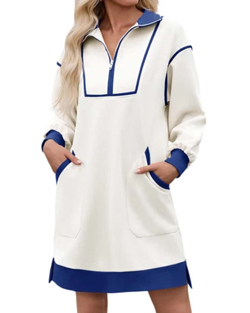 Half Zip Long Sleeve Color Block Short Dress