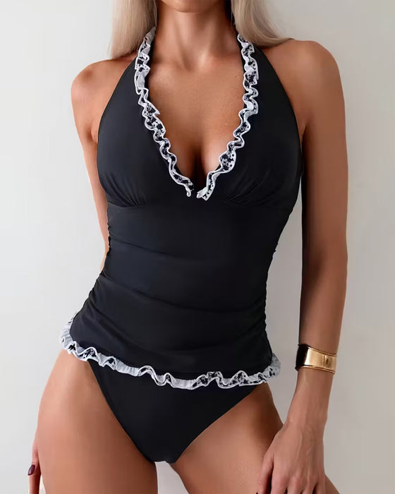 Casual Ruffled V-neck Two-Piece Swimsuit