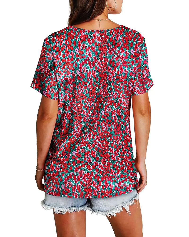 Floral V-Neck Short-Sleeved Blouse