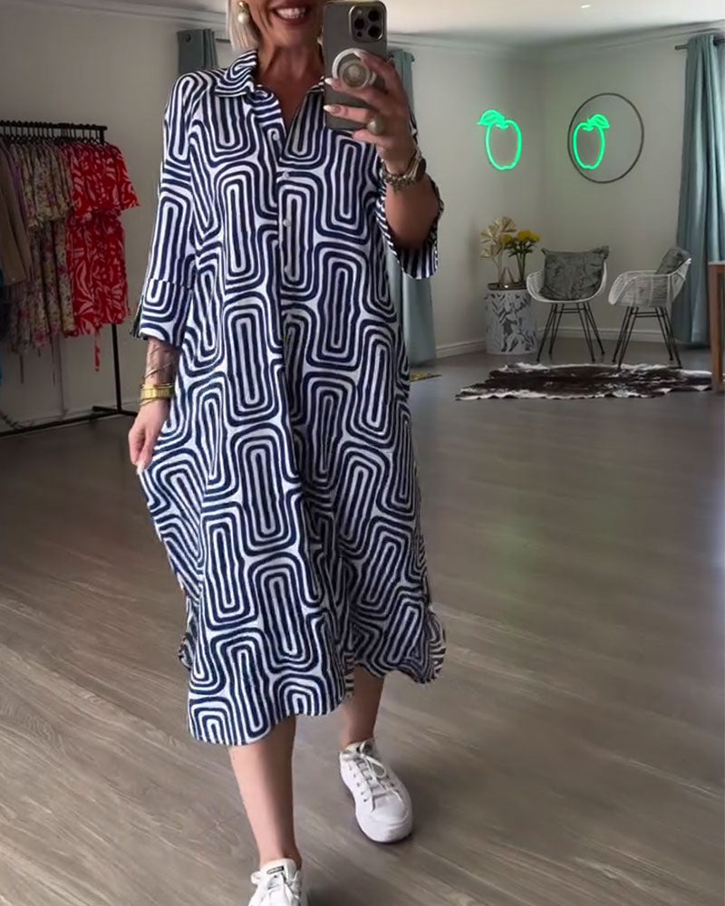 Lapel Geometric Print Loose Dress