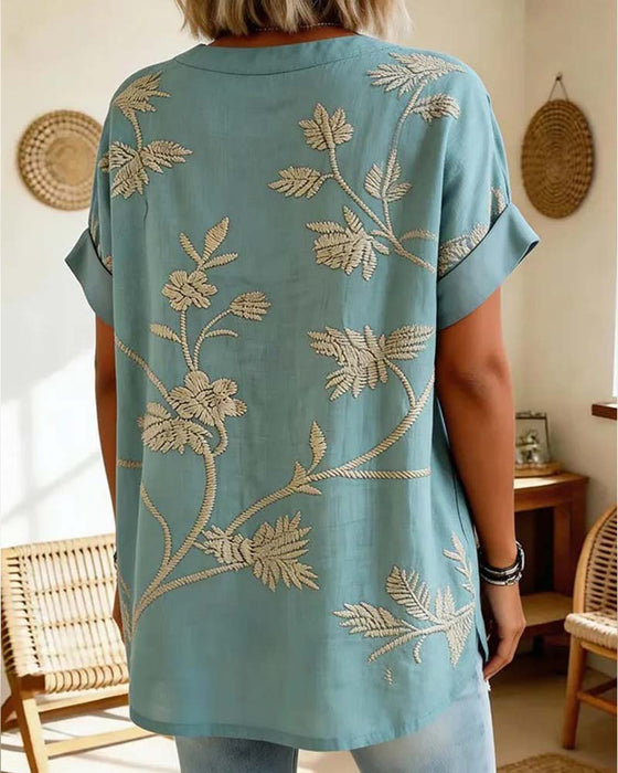 V-Neck Printed Short-Sleeved Blouse