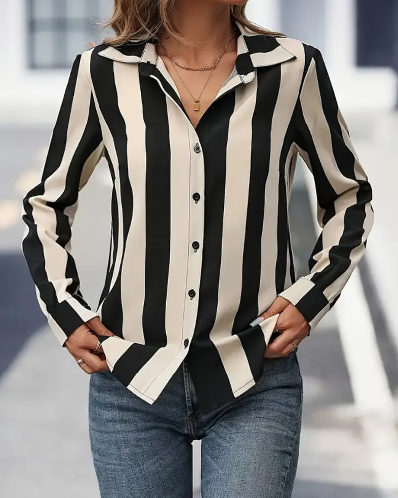 Vertical Striped Lapel Button-Down Shirt