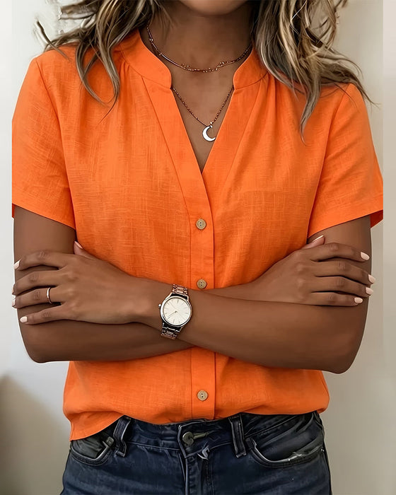 Stand Collar Button-Up Short Sleeve Blouse