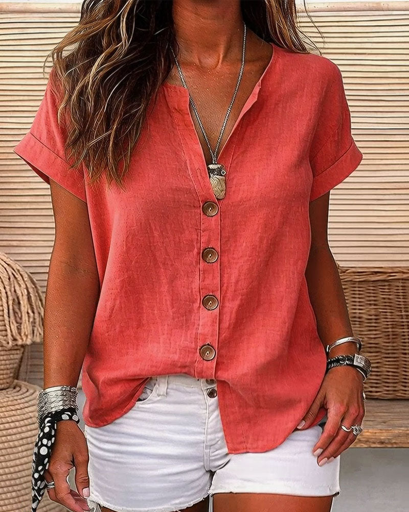 V-Neck Single-Breasted Short Sleeve Shirt