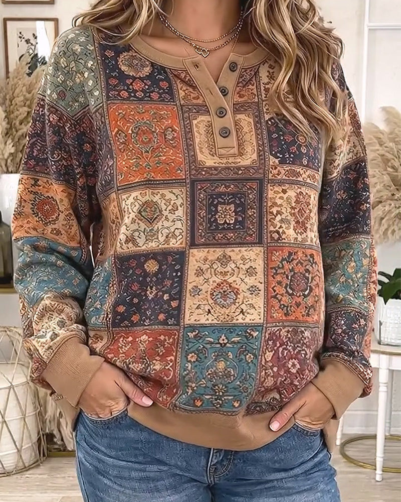 Round Neck Buttoned Plaid Contrast Sweatshirt