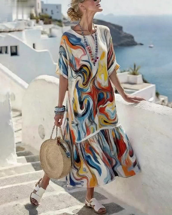 Crew Neck Oil Painting Print Dress